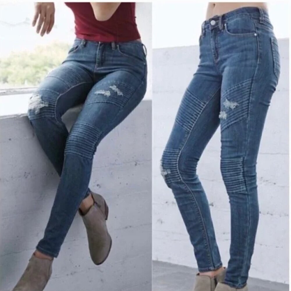 Kendall + Kylie Women's Size 27 Moto Skinny Jean Medium Wash Distressed Mid-Rise